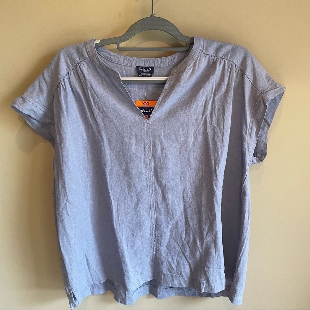 Splendid Linen Viscose XXL Short Sleeve Blouse Blue Relaxed Fit